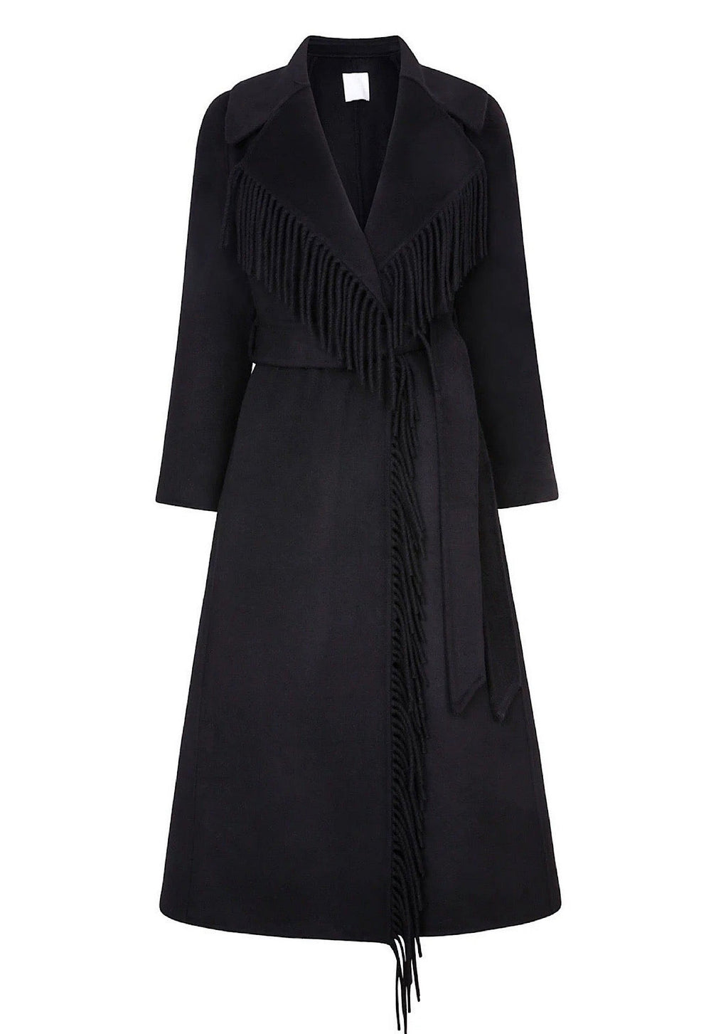 a chic black fringe cashmere coat with a plush black fox fur collar. The coat’s stylish design and soft textures create a striking and elegant look for colder days.