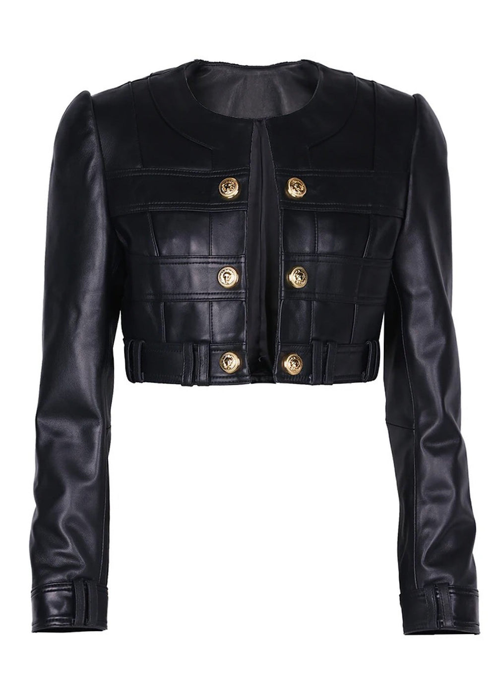 Classic cropped jacket made of premium genuine lambskin leather, designed with clean lines and gold-tone buttons that add a touch of sophistication.