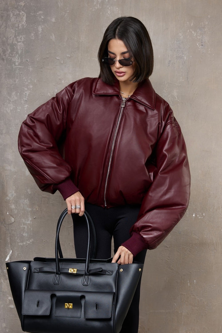 Maeve Leather Bomber Burgundy