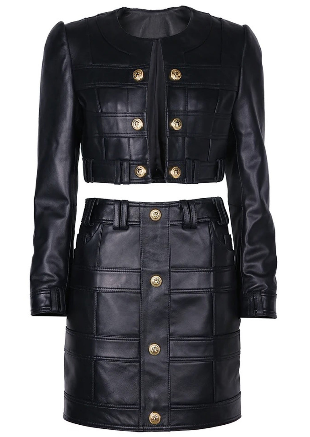 Cropped lambskin leather set of jacket and skirt in a structured silhouette, featuring sharp tailoring and adorned with signature gold buttons for an elegant finish.