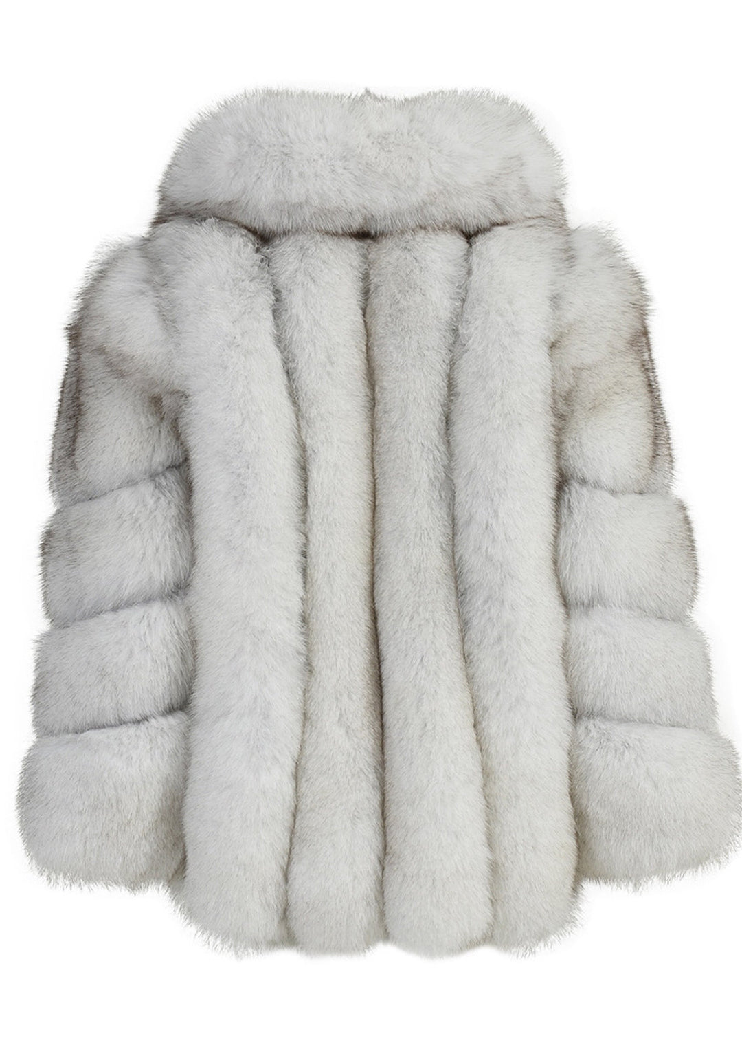 A stunning natural white fox fur coat featuring a maxi collar, exuding elegance and luxury with its soft, plush texture.