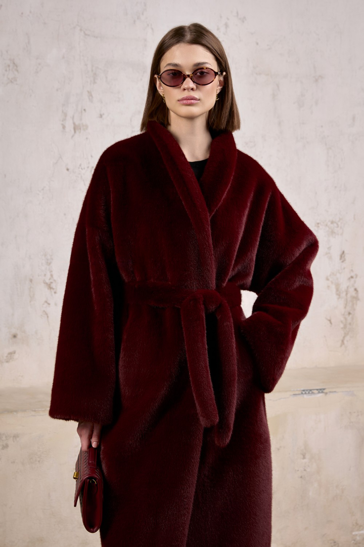 MELVA Faux Fur Coat Burgundy