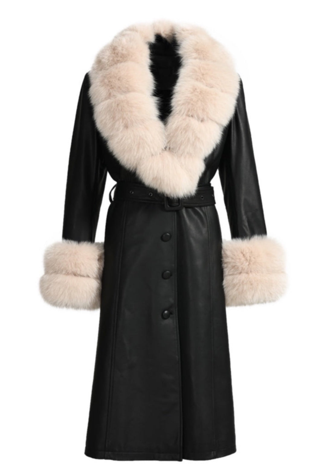 A black leather trench coat adorned with luxurious beige fox fur accents. The coat's sleek design and fur detailing create a stylish and sophisticated look for winter.